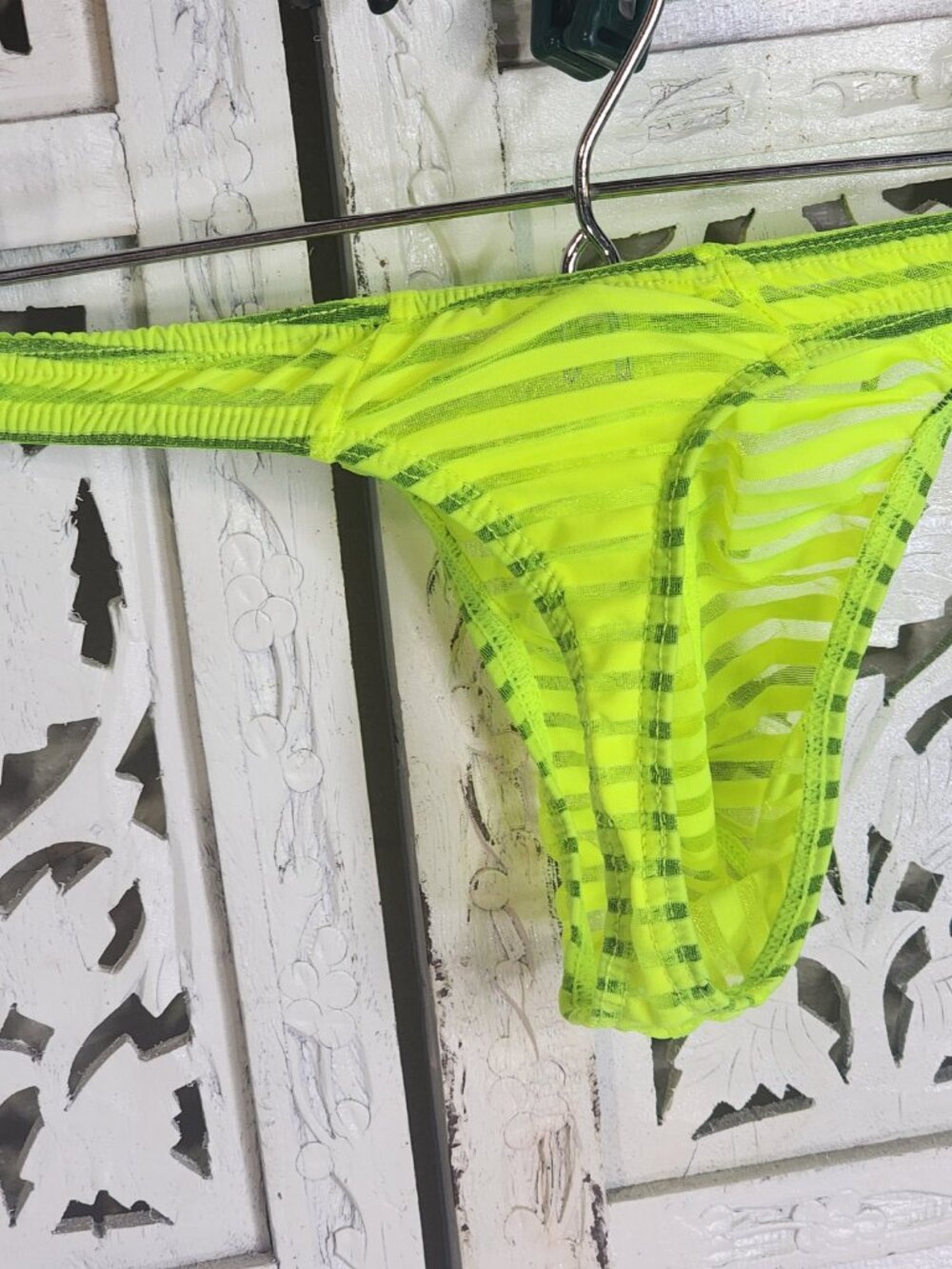 Unknown Brand Neon Lime Sheer Gray Metallic Stripe Thong Underwear Fit Like M - Picture 7 of 16